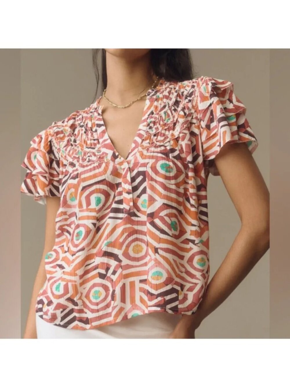 Anthropologie Maeve Short Sleeve Ruffle Yoke Blouse, Size Small